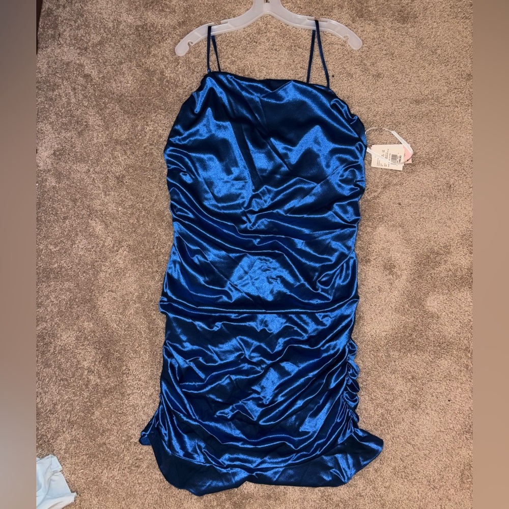 David's Bridal Sapphire Blue Satin Spaghetti Strap Prom Dress Never used